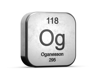 Oganesson element from the periodic table series. Metallic icon set 3D rendered on white background