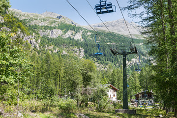 Tourist resort in the Alps. Chairlift in Macugnaga, Italy