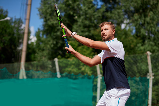 Returner Hitting Ball On Tennis Court, Thereby Lucky Sportsman Breaks Serve From His Opponent