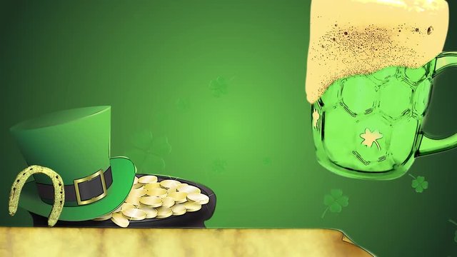St Patrick's day animation, clover leafs rotating in the background with leprechaun hut, horseshoe and green beer, old paper for text- cartoon