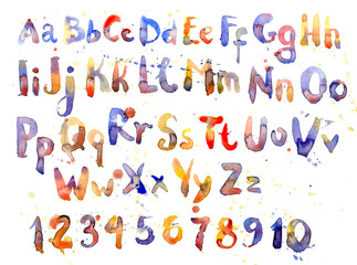 English alphabet, numbers and letters in watercolor, set