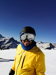 Fototapeta na wymiar Man on a ski slope in in the valley of Gressoney near Monte Rosa