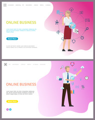 Online business, people working with global network vector. Man and woman with globe, gears and magnifying glass tool, internet computer technology