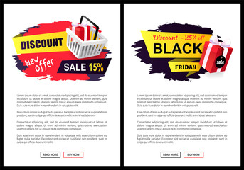 Black friday, offers and sales from shops stores vector. Web pages with text sample, presents in shopping basket, gifts and bows made of decor ribbons