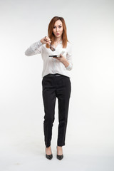 Makeup artist, beauty and people concept - Beautiful korean young woman holding palette of colorful eye shadows and brushes on white background