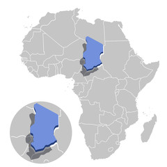 Vector illustration of Chad in blue on the grey model of Africa map with zooming replica of country