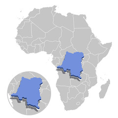 Vector illustration of Democratic Republic of the Congo in blue on the grey model of Africa map with zooming replica of country