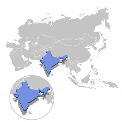 Vector illustration of India in blue on the grey model of Asia map with zooming replica of country.