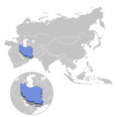 Vector illustration of Iran in blue on the grey model of Asia map with zooming replica of country.