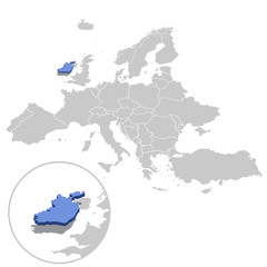 Vector illustration of Ireland in blue on the grey model of Europe map with zooming replica of country.