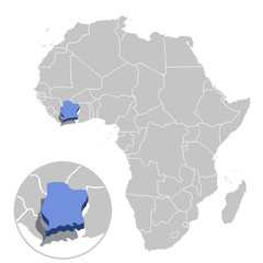 Vector illustration of Ivory Coast in blue on the grey model of Africa map with zooming replica of country