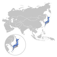 Vector illustration of Japan in blue on the grey model of Asia map with zooming replica of country.