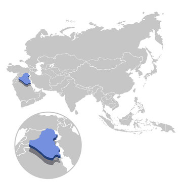 Vector illustration of Iraq in blue on the grey model of Asia map