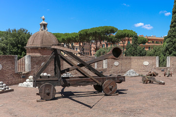 Ancient catapult used by Roman Army during its Military Campaigns located in Castle Sant'Angelo,...