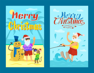 Merry Christmas, Santa Claus riding on water skies in red hat, New year characters snowman of sand and monkey. Summer holidays vector water splashes and man