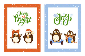 Merry and bright joy posters with greetings, vector. Animals wearing warm hat and scarf, opening present from boxes, bird riding on board wheels