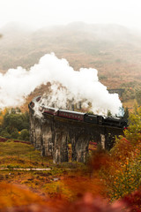 Fototapeta na wymiar Steam train passing Glenfinnan Viaduct with fog covered mountains in the background during a moody autumn day (Glenfinnan, Scotland, Europe)