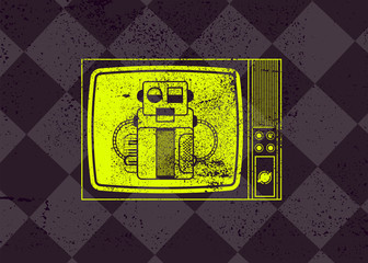 Retro Party typographic grunge poster design with old television screen and robot musician. Vector illustration.