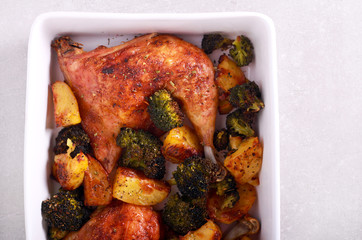 Roast chicken legs with broccoli and potato