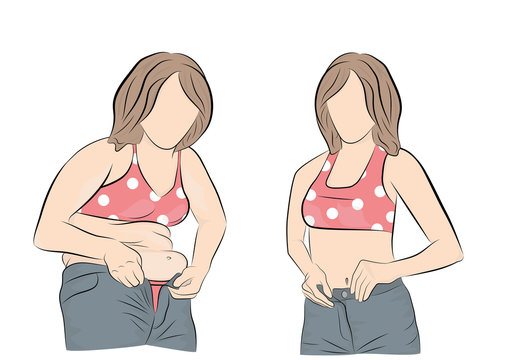 Woman's body before and after weight loss. vector illustration.