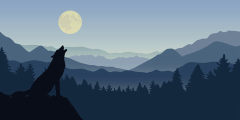 Naklejka na ściany i meble wolf howls at the full moon blue foggy mountain and forest nature landscape vector illustration EPS10