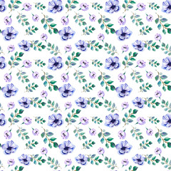 Blue and emerald green watercolor twigs with pink and purple anemone flowers, seamless pattern on white background