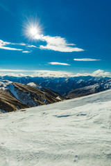 New Zealand mountain panorama and ski slopes as seen from Coronet Peak ski resort, Queenstown