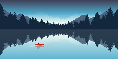 lonely canoeing adventure with red boat forest landscape vector illustration EPS10