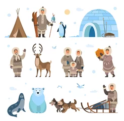 Fotobehang Arctic expeditions and discoveries North pole vector. Animals penguin and bear grizzly, husky and dogs with sledges, inuits and huts snowflakes snowfall © robu_s