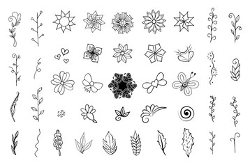 Objects are black, isolated on white background. Vector set of elements. Well suited for the design of postcards, leaflets, packaging. Easy to use, all items are separated. Many objects and elements.