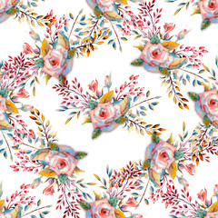 Seamless pattern. Set of flower branches. Pink rose flower, green leaves, red . Wedding concept with flowers. Floral poster, invitation. Watercolor arrangements for greeting card or invitation design.