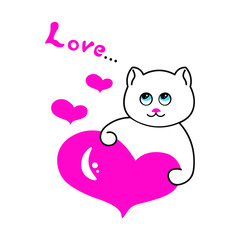 Cute cat with a heart and the inscription love. Vector, Illustration.