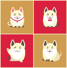 Fototapeta premium Chinese New Year animal pet pig animal in collar vector. Pig pretending to be puppy wearing bow on neck, domesticated canine holiday celebration set