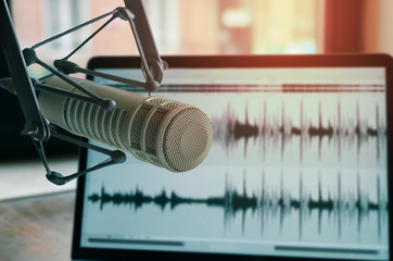 Professional microphone and sound waveform on screen