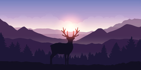 lonely deer in the mountains at sunrise with forest background vector illustration EPS10