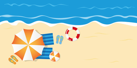 summer holiday on the beach top view with parasol flip flops ball and lifebelt vector illustration EPS10 © krissikunterbunt