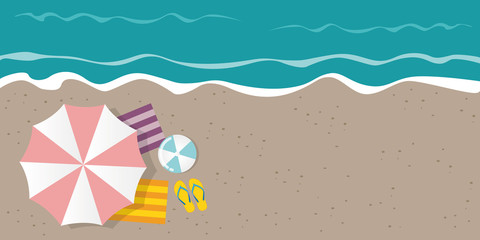 beach top view background summer holiday concept with parasol flip flops and ball vector illustration EPS10