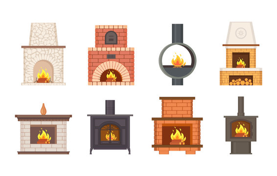 Fireplaces with shelves and different pavement types vector. Isolated icons set of stoves and open metallic rounded pipe, stone and brick furnace