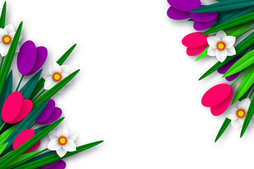 Spring floral composition. Empty template for greetings or seasonal sales. Paper cut spring flowers narcissus and tulps on white background. Copy space. Vector.