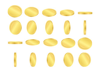A set of gold coins in motion in different positions. Falling coins to win.