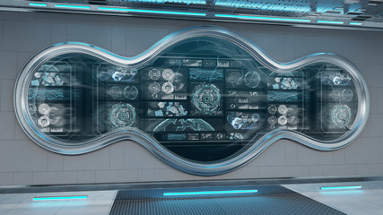 White spaceship interior with control panel digital screens 3D rendering