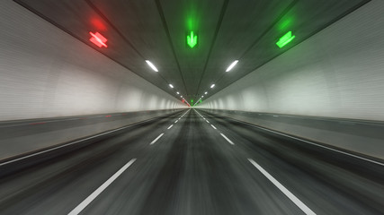 Travel through the illuminated tunnel with motion blur 3D rendering