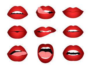 Fototapeta na wymiar Set of female lips. Red lips of a sexy woman. Gradient lipstick on lips.
