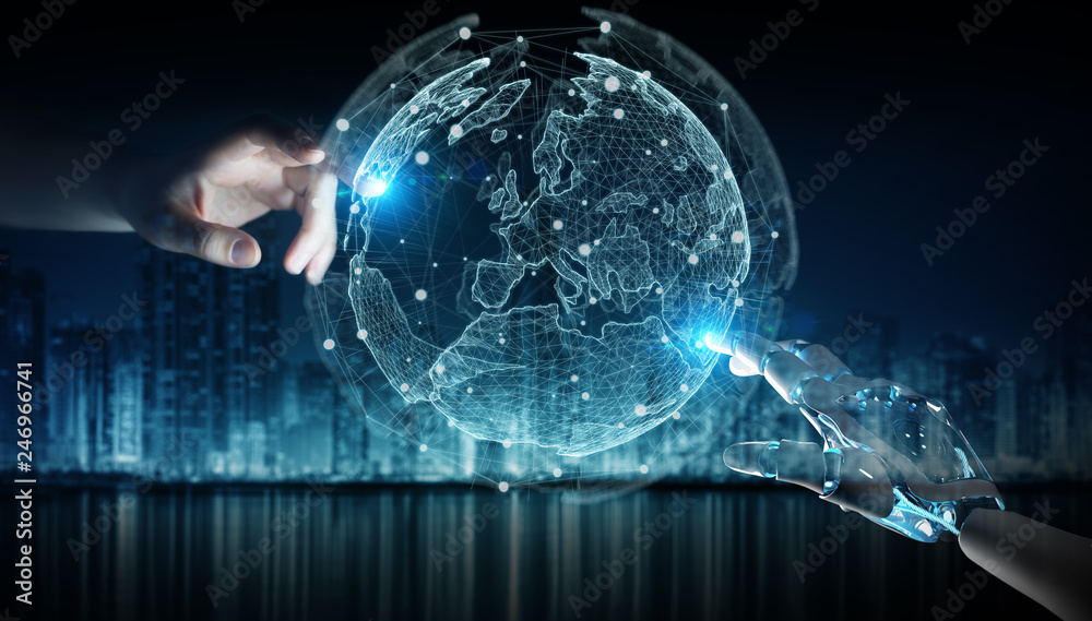 Aufkleber robot hand and human hand touching digital world 3d rendering