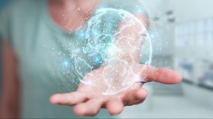 Fototapeta premium Businesswoman using globe network hologram with America Usa map 3D rendering