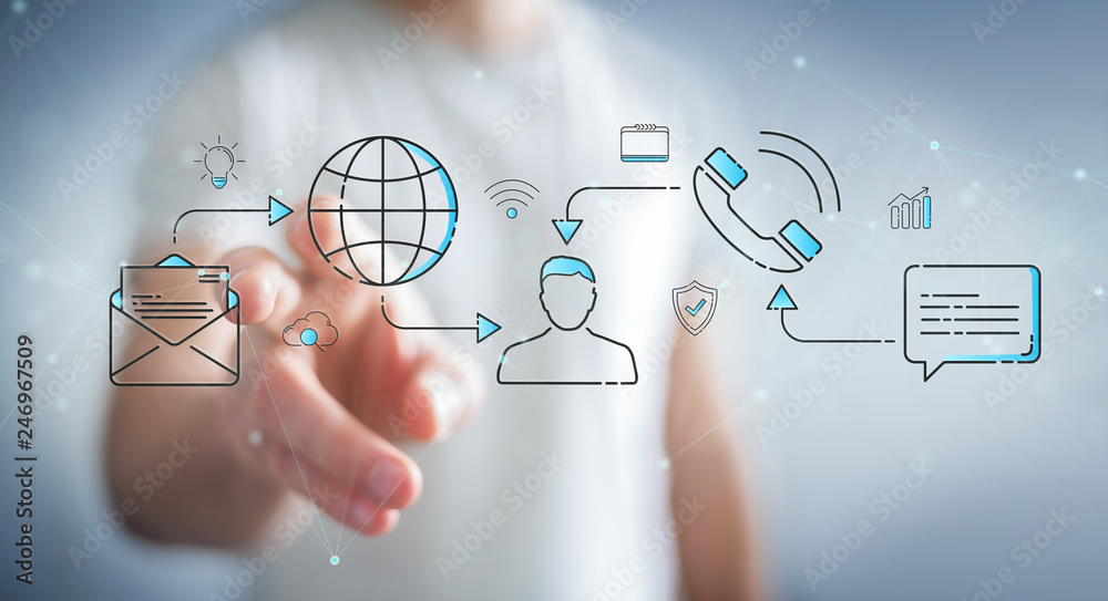 Poster businessman using thin line social network icons interface