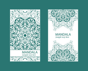 Flyer laser cutting mandala.Vector paper card with lace pattern of green, turquoise color. Wedding invitations, cards and business card templates. Decorative laser cutting cards for design