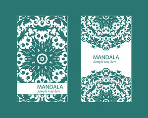 Flyer laser cutting mandala.Vector paper card with lace pattern of green, turquoise color. Wedding invitations, cards and business card templates. Decorative laser cutting cards for design