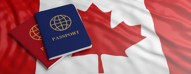 Travelling to Canada. Two passports on Canadian flag background. 3d illustration