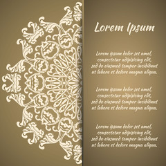 Postcard flyer, frame for congratulations on the wedding, Valentines Day, birthday, invitation, gratitude, celebration, Declaration of love. Vector gold brown background with mandala drawing. eps10